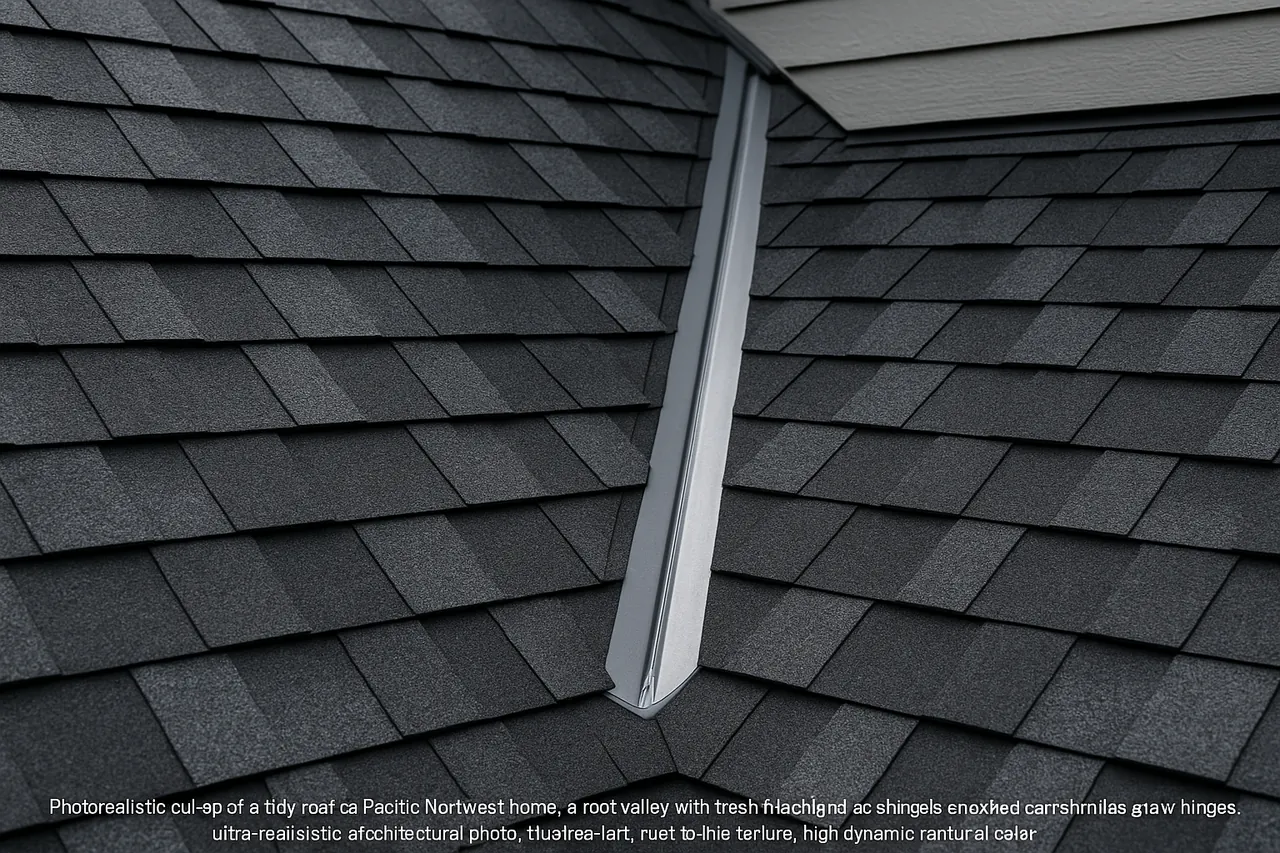 A neatly repaired roof valley with fresh flashing blended into the shingles